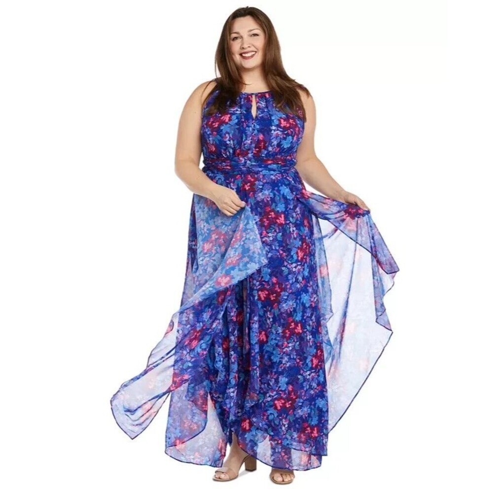 R & M Richards Women's Plus Size Floral-Print Ruffled Maxi Dress Royal Blue 22W